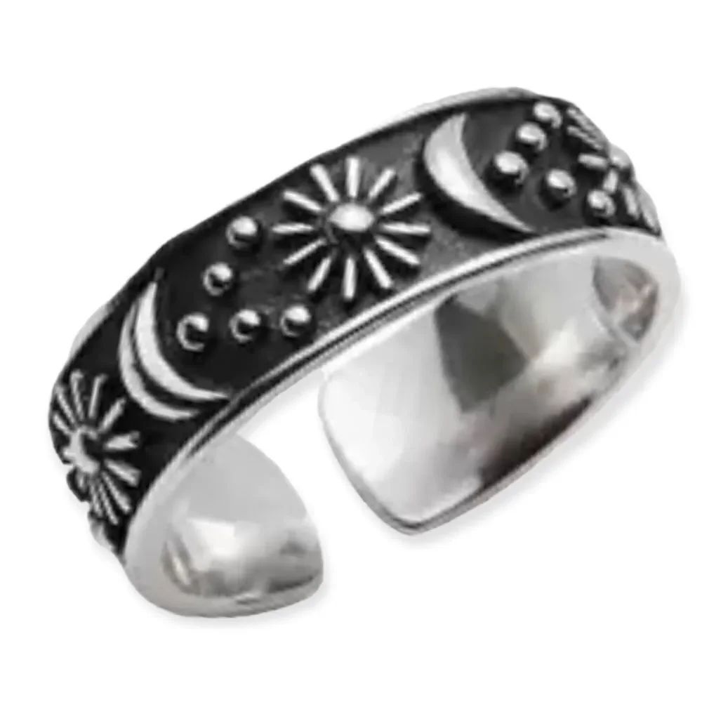 Silver Antiqued Stars Moon Adjustable Cuff Ring Jewelry NEW